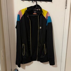 ASOS Black Bomber Jacket with Pink, Yellow, and Blue Accents